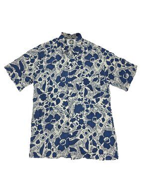 Silks Button Shirt Mens Medium Blue Short Sleeve 100% Silk Floral Hawaiian Print